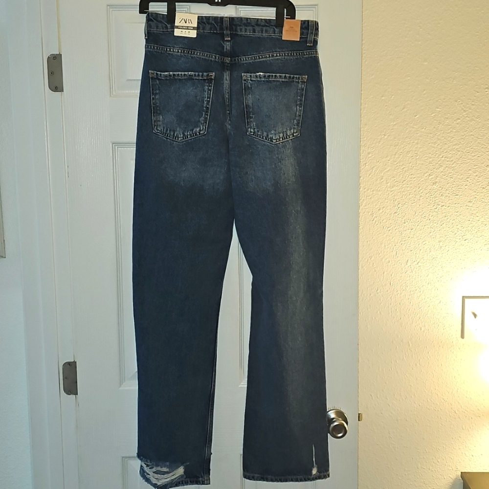 NWT Zara Blue Straight-Leg Distressed Jeans - Picture 4 of 8